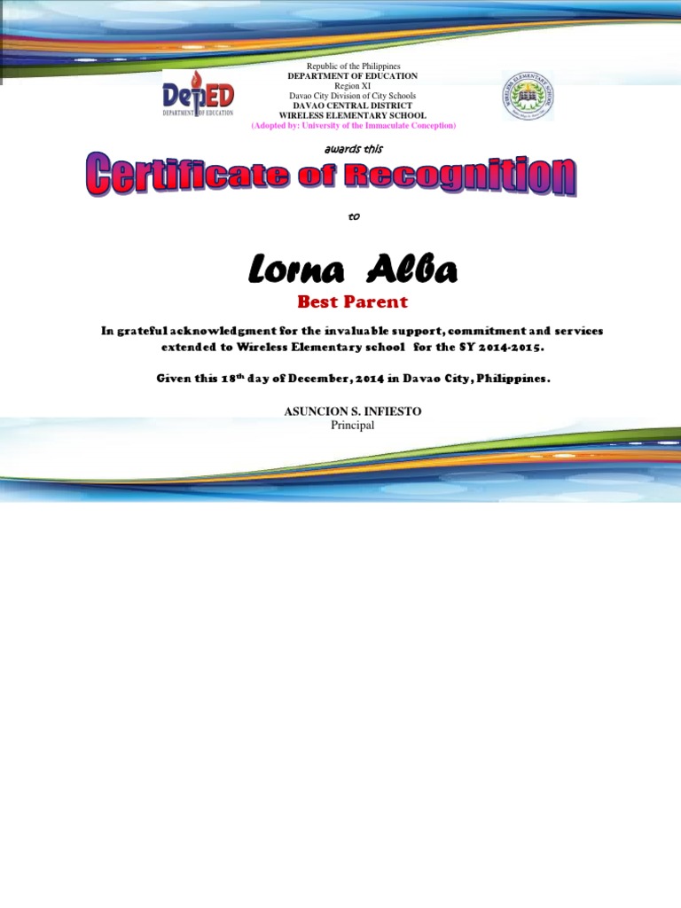 Parent Certificate of Recognition