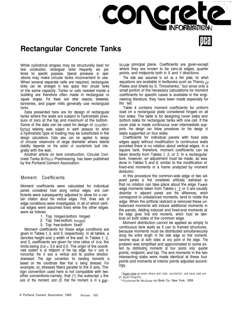 PCA Table for RectangularRCTanks Cartesian Coordinate System Bending