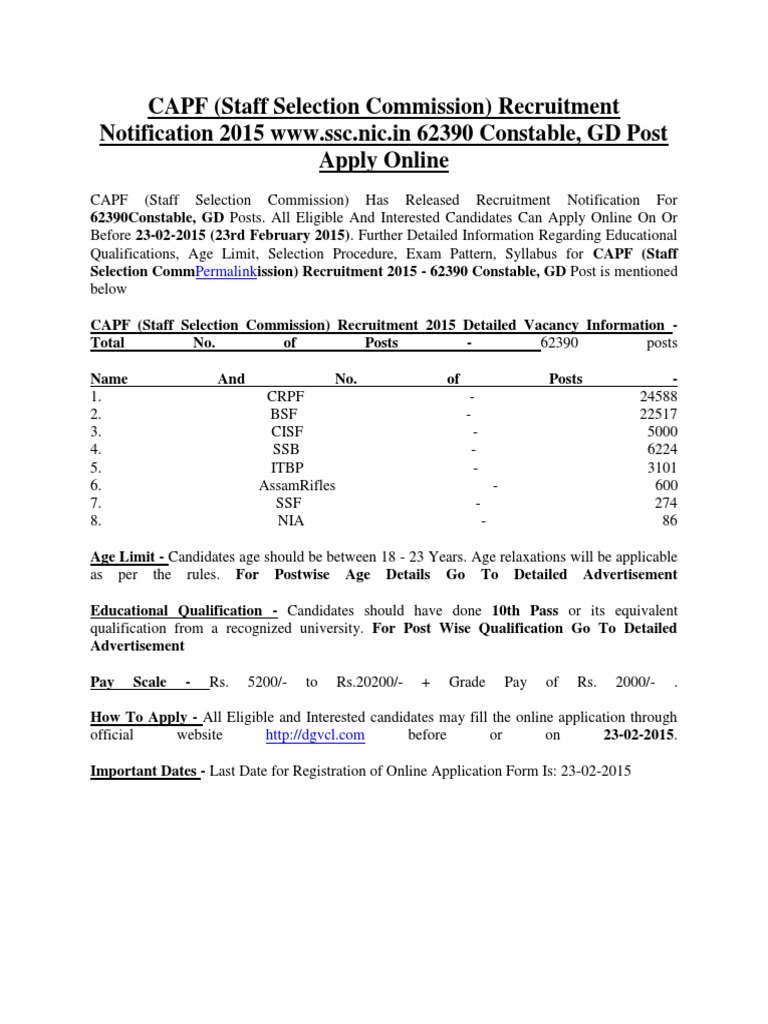 CAPF 2015: 62390 Constable Posts | PDF