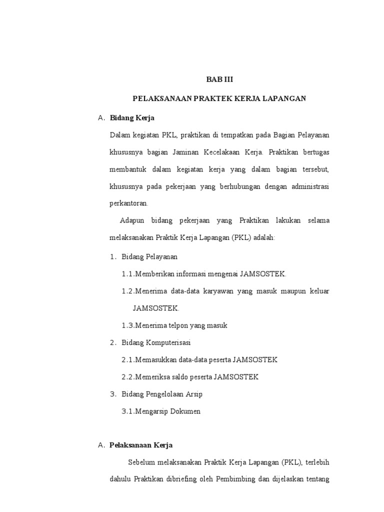 Bab Iii Pelaksanaan Praktek Kerja Lapangan
