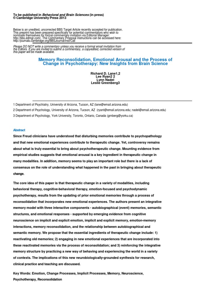 Memory Reconsolidation, Emotional Arousal and The Process of Change in ...