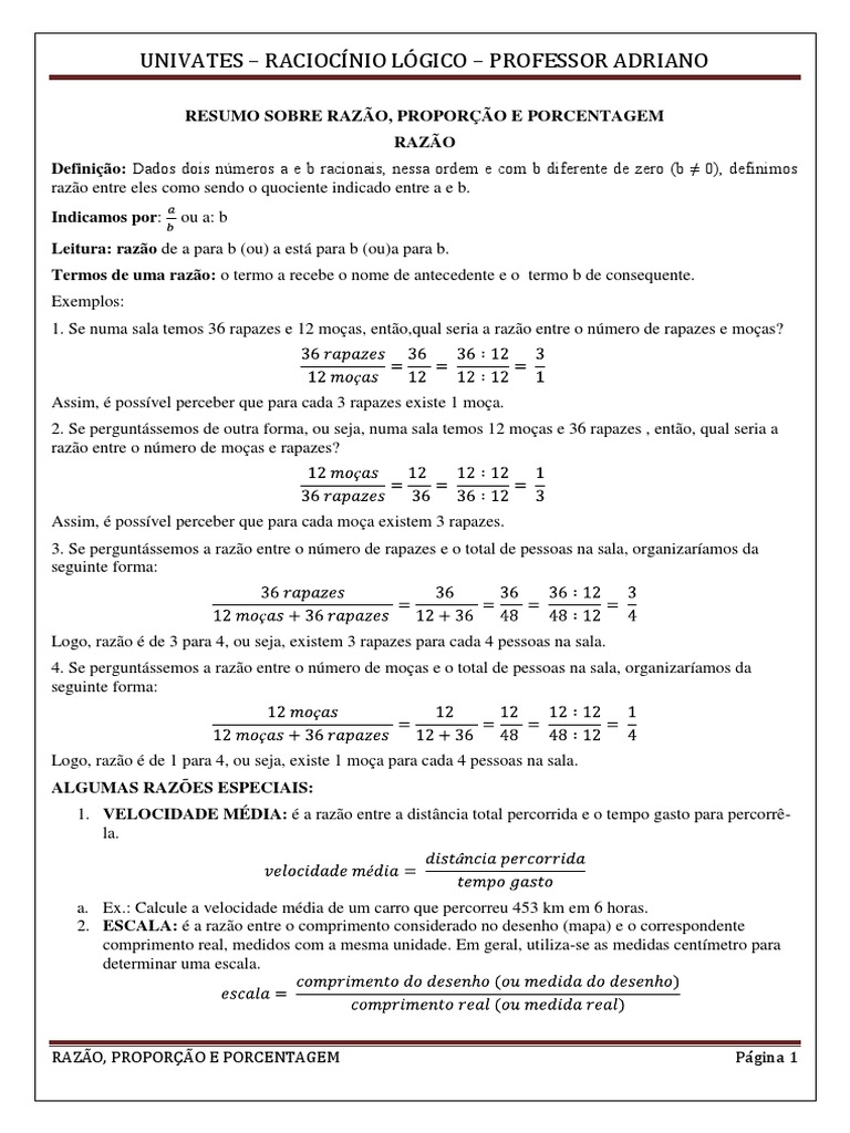 Razao - Proporcao e Porcentagem - Resumo | PDF | Razão/Proporção ...