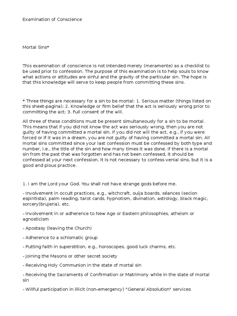 Examination of Conscience PDF Penance Confession (Religion)