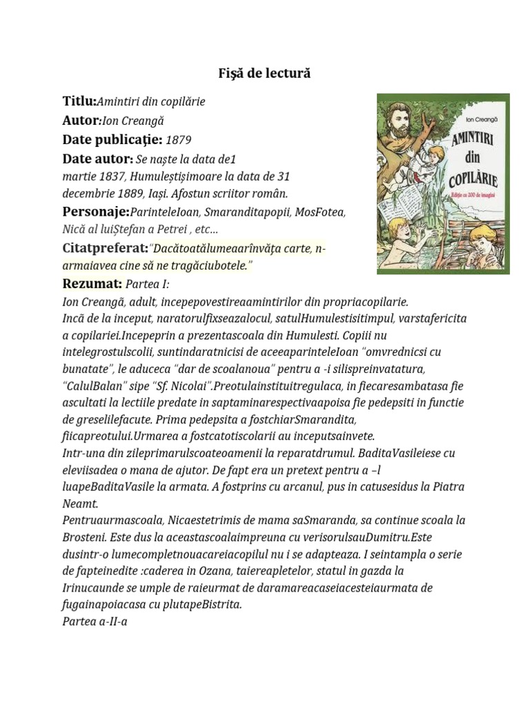 Fisa de Lectura Amintiri Din Copilarie