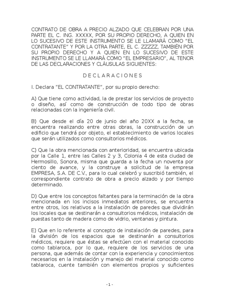 Formato Contrato De Obra A Precio Alzado Pdf Gobierno Justicia