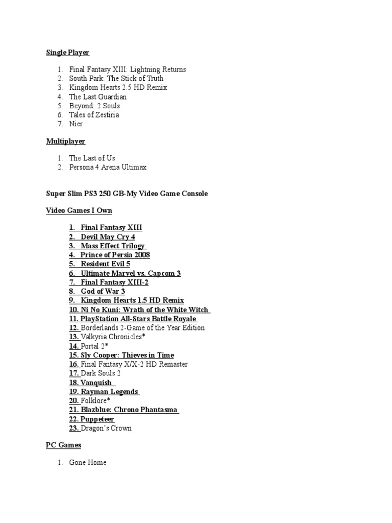 Comprehensive Video Game Collection List | PDF