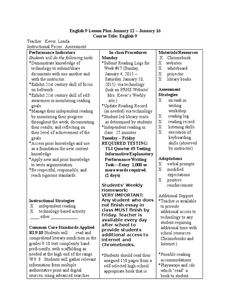 19 Lesson Plan English 9 January 12 - January 16 | PDF | Lesson Plan ...