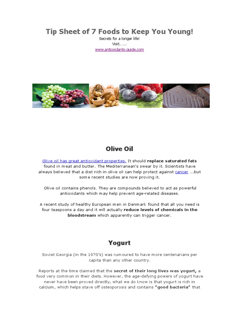 Tip Sheet of 7 Foods To Keep You Young! Olive Oil PDF Cardiovascular Diseases Saturated Fat