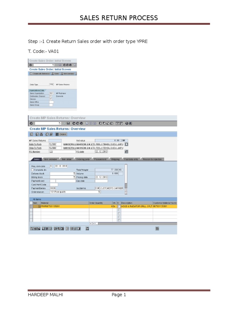SAP Sales Return Process Guide | PDF | Business | Finance & Money ...