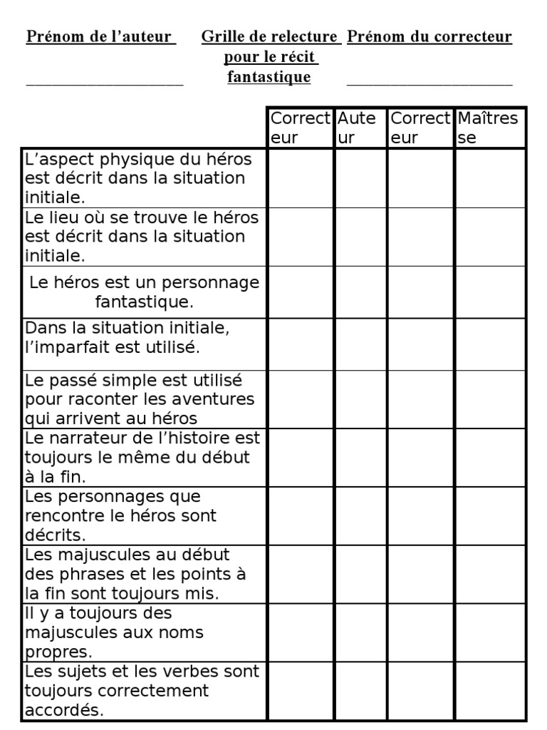 Grille De Relecture Production D'écrit grille de relecture du conte fantastique