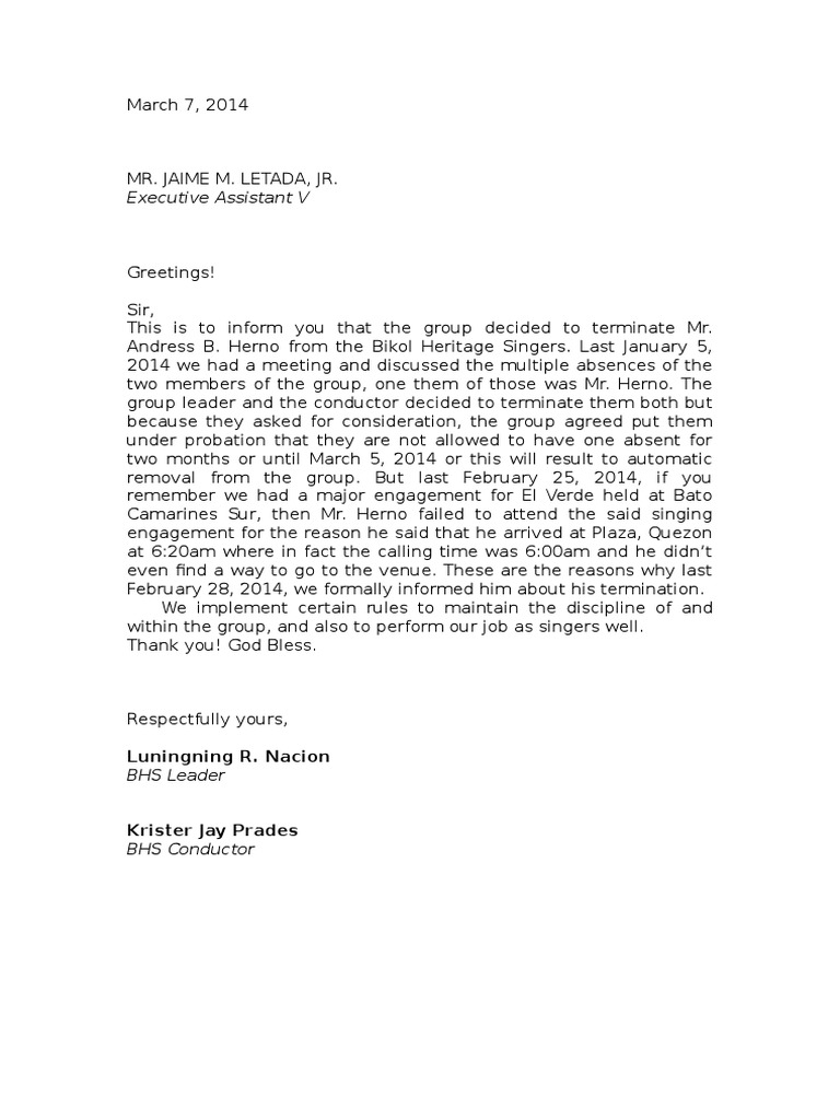 Termination Notice for BHS Member | PDF