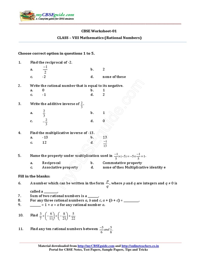 Class 8 Rational Numbers Worksheet | PDF