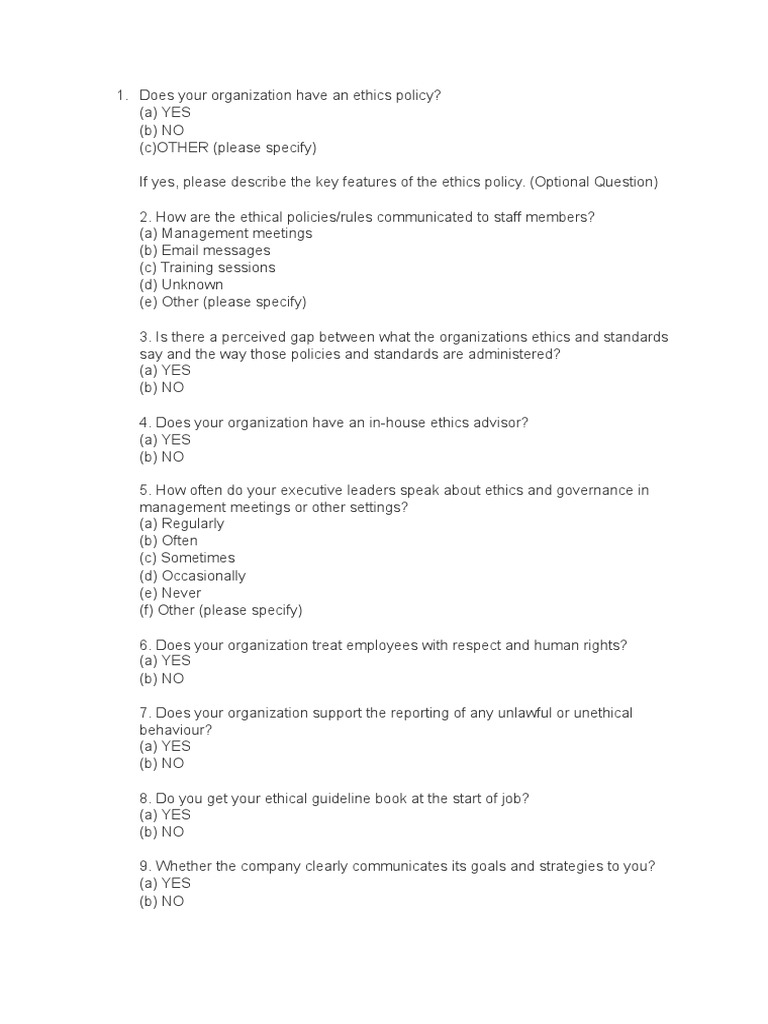 Ethics Questionnaire Norm (Social) Employment