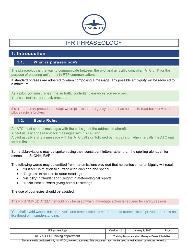 Ifr Phraseology For Pilots Transponder (Aeronautics) Air Traffic