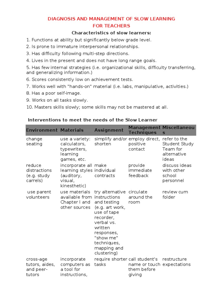 Characteristics of Slow Learners Learning Disability