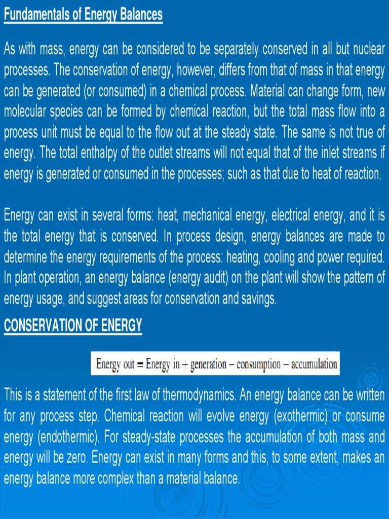 Fundamentals of Mass and Energy Balances Enthalpy Heat