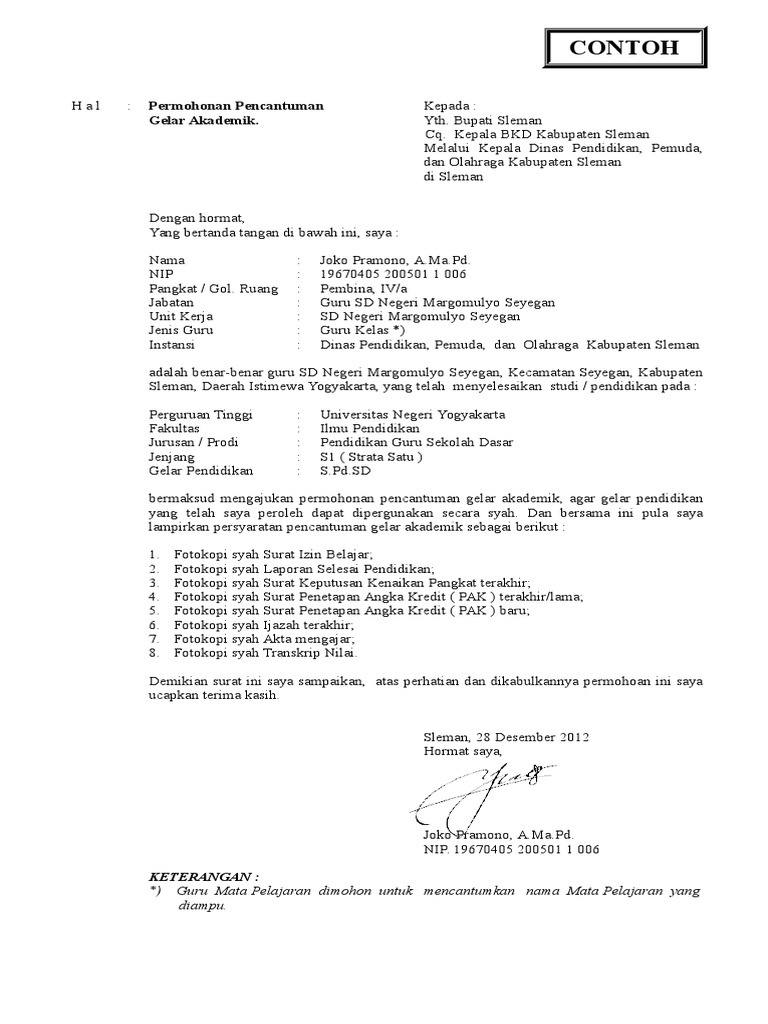 Contoh Surat Permohonan Pencantuman Gelar Akademik Dari Ybs