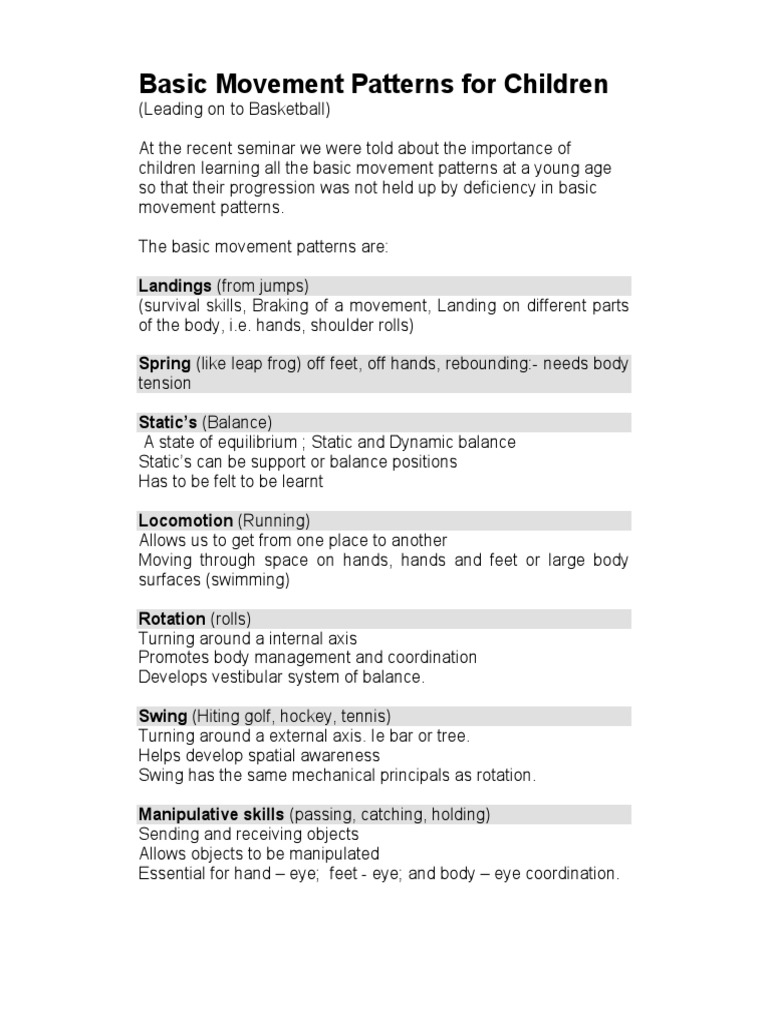 Basic Movement Patterns For Children | PDF | Animal Locomotion | Rotation