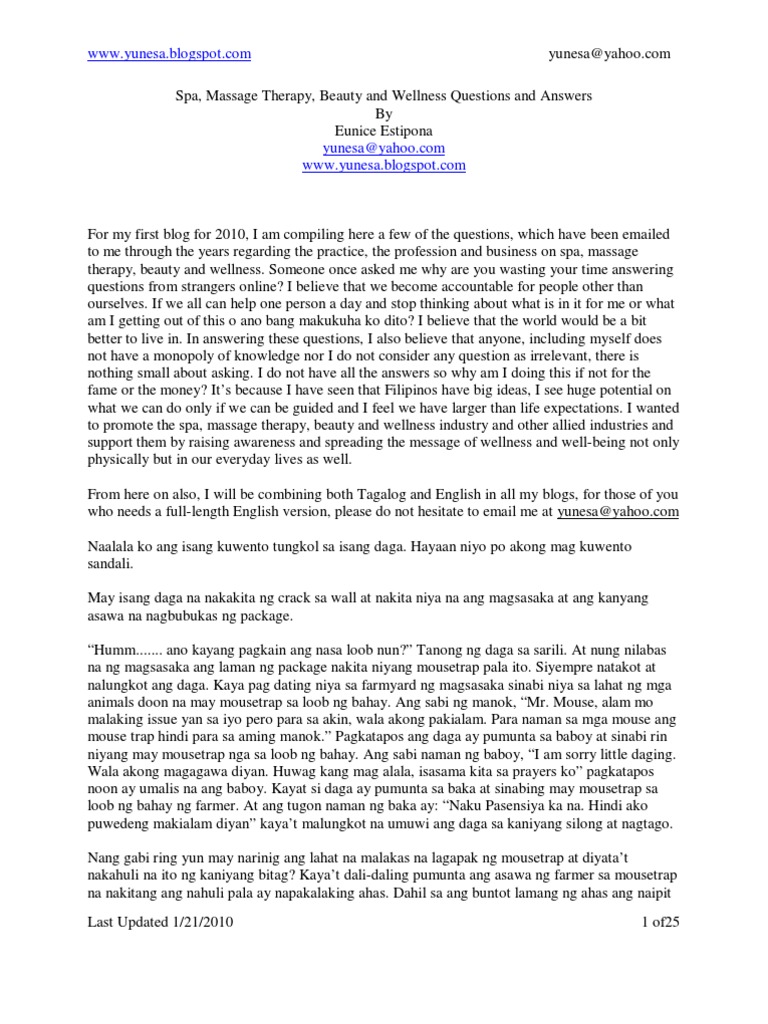 Spa, Massage Therapy, Beauty and Wellness Questions and Answers PDF