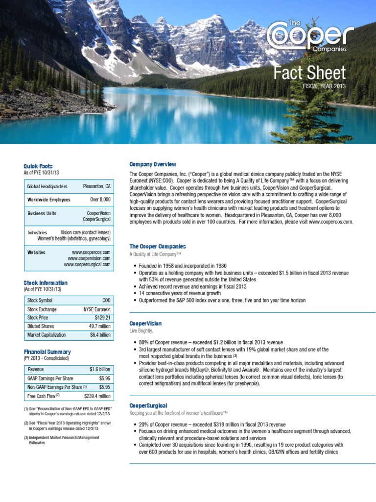 Cooper Companies Factsheet2014 PDF Mergers And Acquisitions New