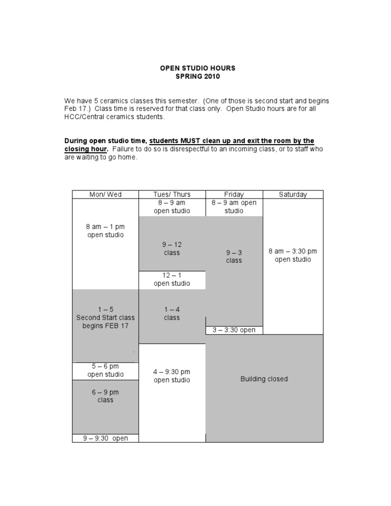 HCC Ceramics Open Studio Hours 2010 | PDF