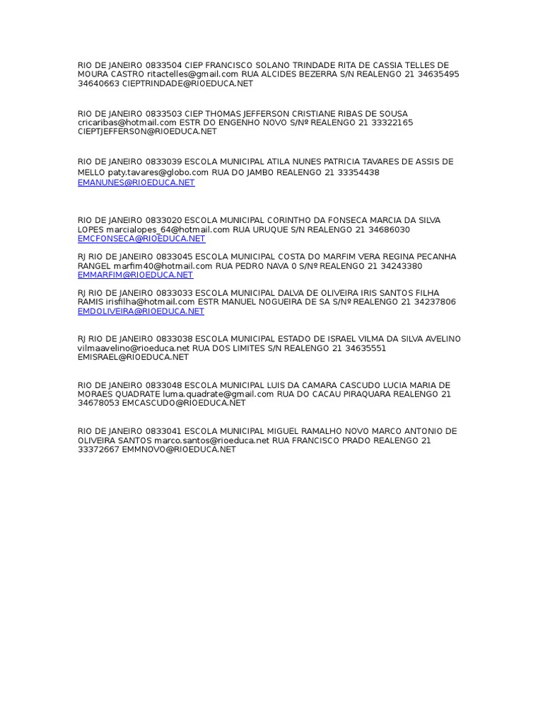 Rio de Janeiro 0833504 Ciep Francisco Solano Trindade Rita de Cassia Telles  de Moura Castro Ritactelles | PDF