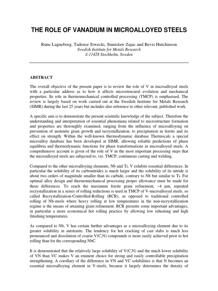 Role Of V In Ma Steels Steel Solubility
