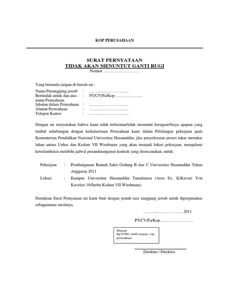 Surat Pernyataan Tidak Akan Menuntut Ganti Rugi