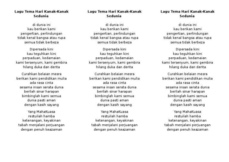 Lagu Tema Hari Kanak Kanak Sedunia Pdf