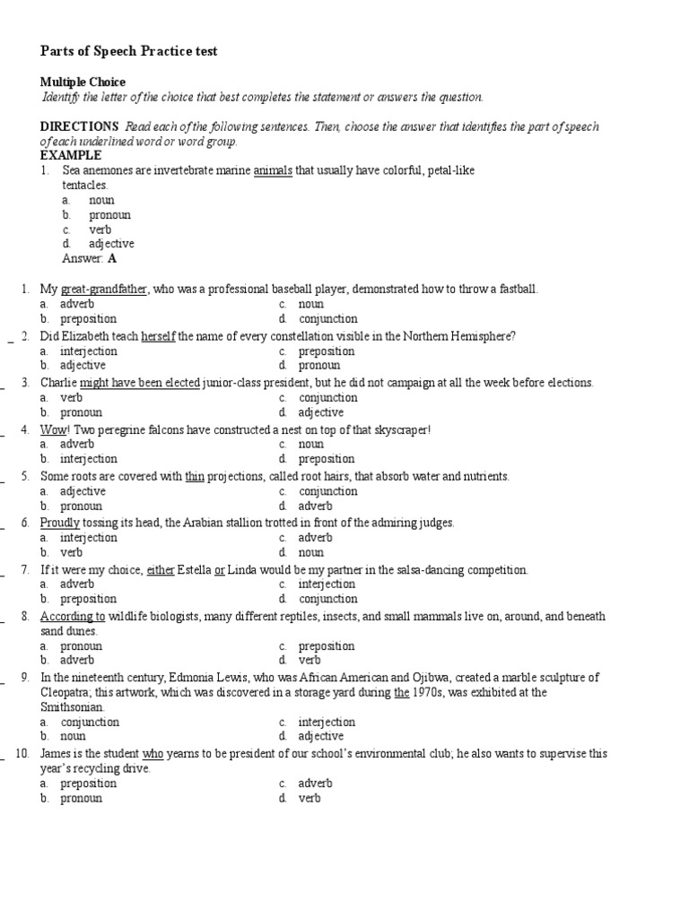 Parts of speech multiple choice test