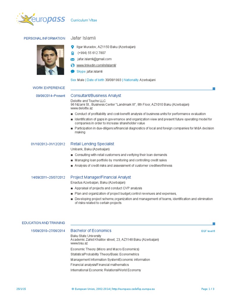 Europass Cv Islamli En Jafar Islamli Azerbaijan Economics