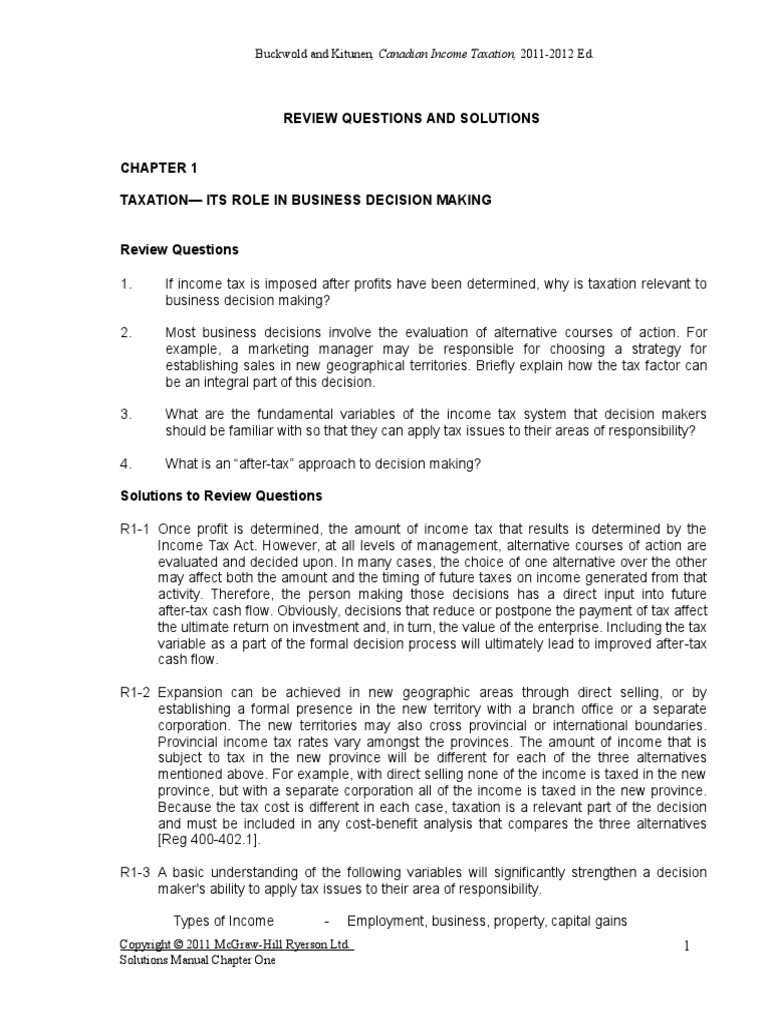 Canadian Income Tax - Buckwold Kitunen - 14e Solutions | Taxation In The  United States | Employee Benefits