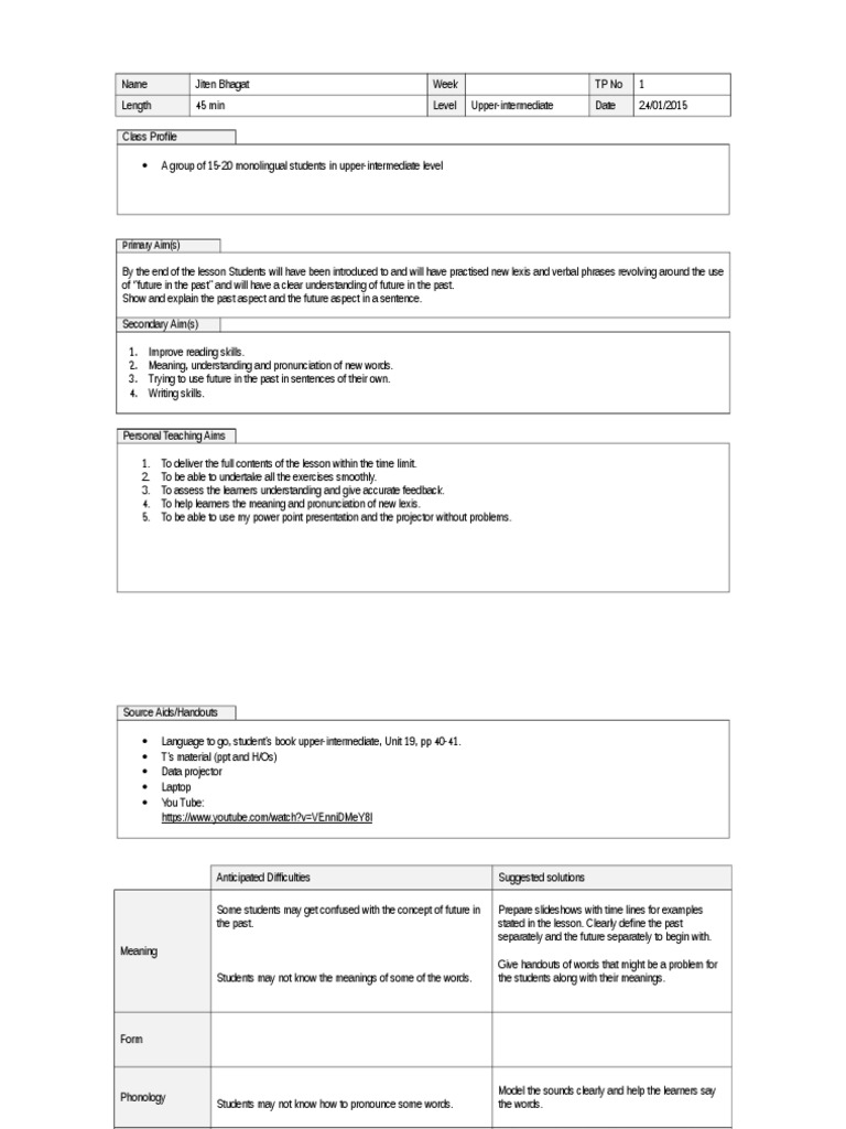 Lesson Planning Tp 1 Celta Pdf Lesson Plan Phrase