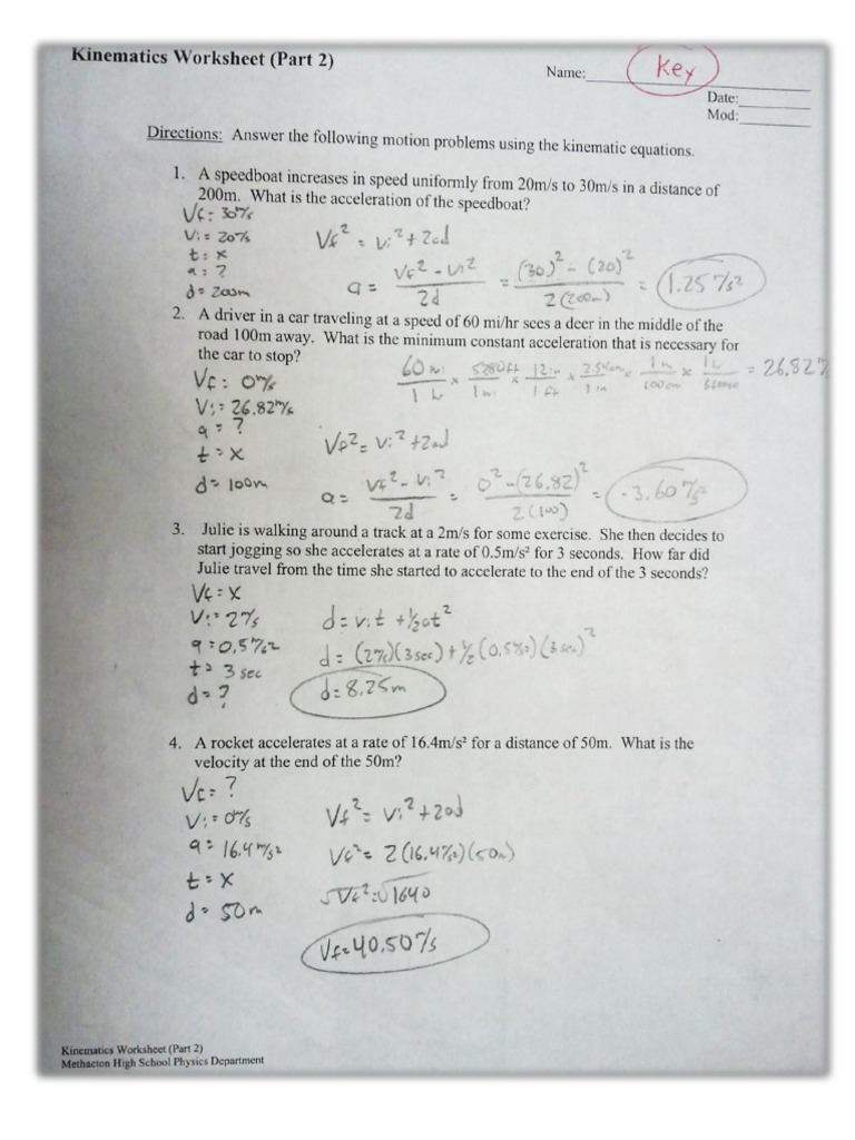 Kinematics Worksheet (Part 23) - Answer Key PDF  PDF Pertaining To Kinematics Worksheet With Answers