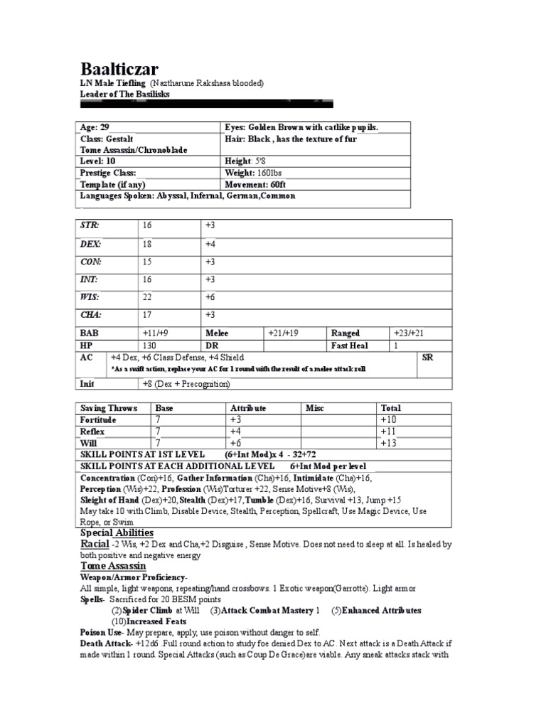 Baalticzar: STR: Dex: Con: Int: Wis: Cha | PDF | Leisure