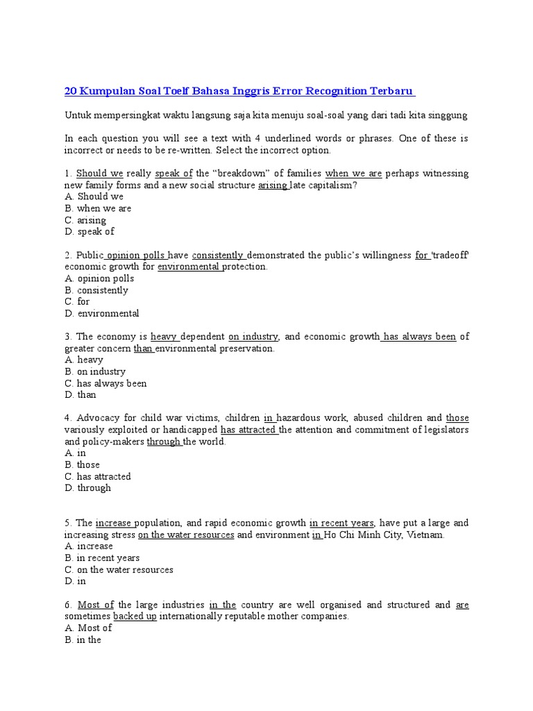 Soal dan Jawaban Error Recognition TOEFL | PDF