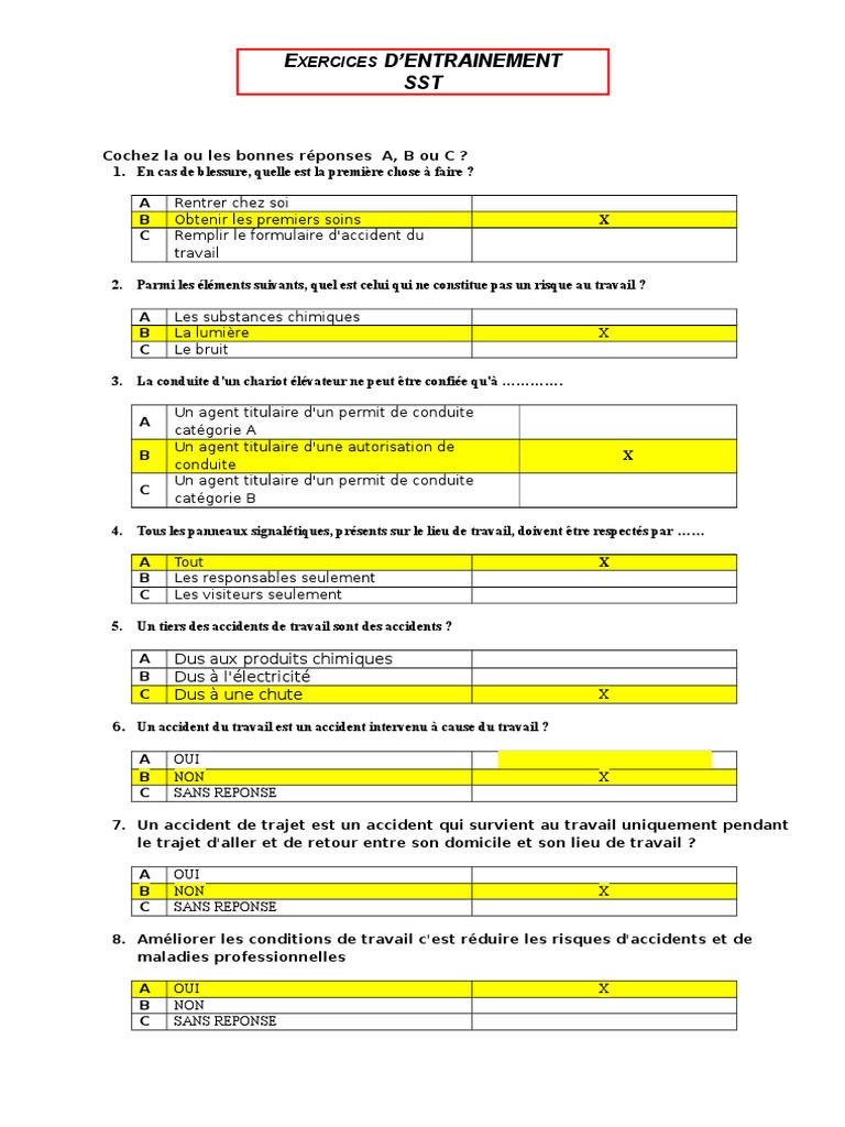 Exercices Sst (2)  Santé et sécurité au travail  Sécurité
