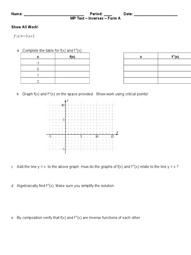 Name: - Period: - Date: - MP Test - Inverses - Form A Show All Work! | PDF