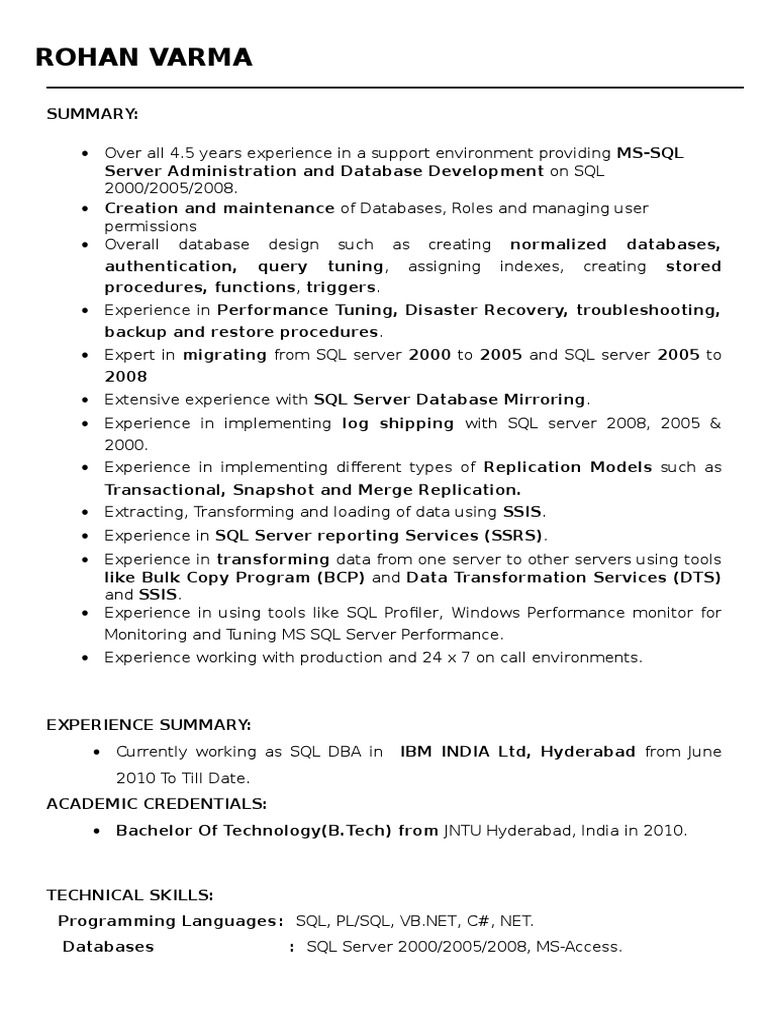 resume format for sql dba experience