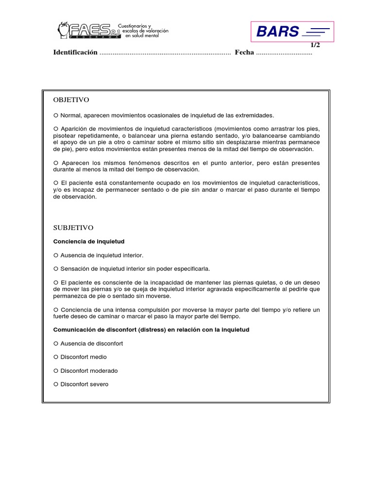 BARS-Escala de Barnes para Evaluacion AKATISIA | PDF | Enfermedades y ...