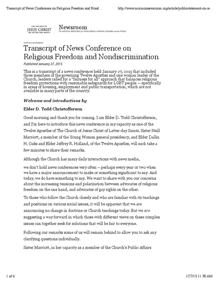 LDS Church News Conference Transcript On Religious Freedom, LGBT ...