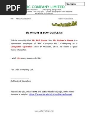 To Whom It May Concern Certificate Format Sample