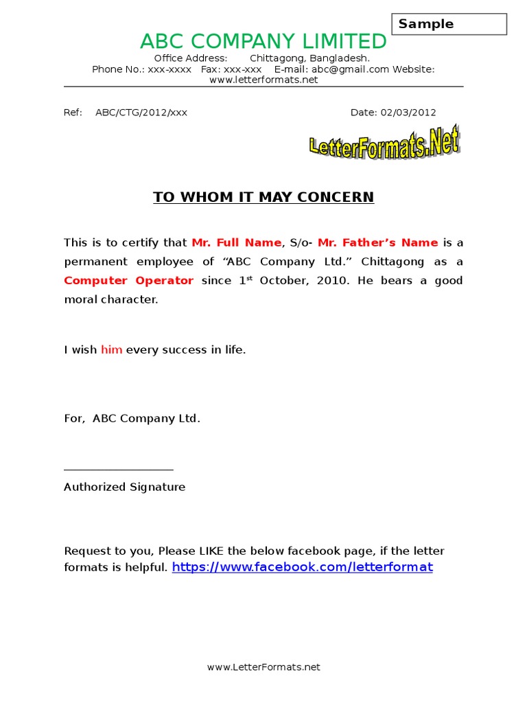 To Whom It May Concern Certificate Format Sample Pdf