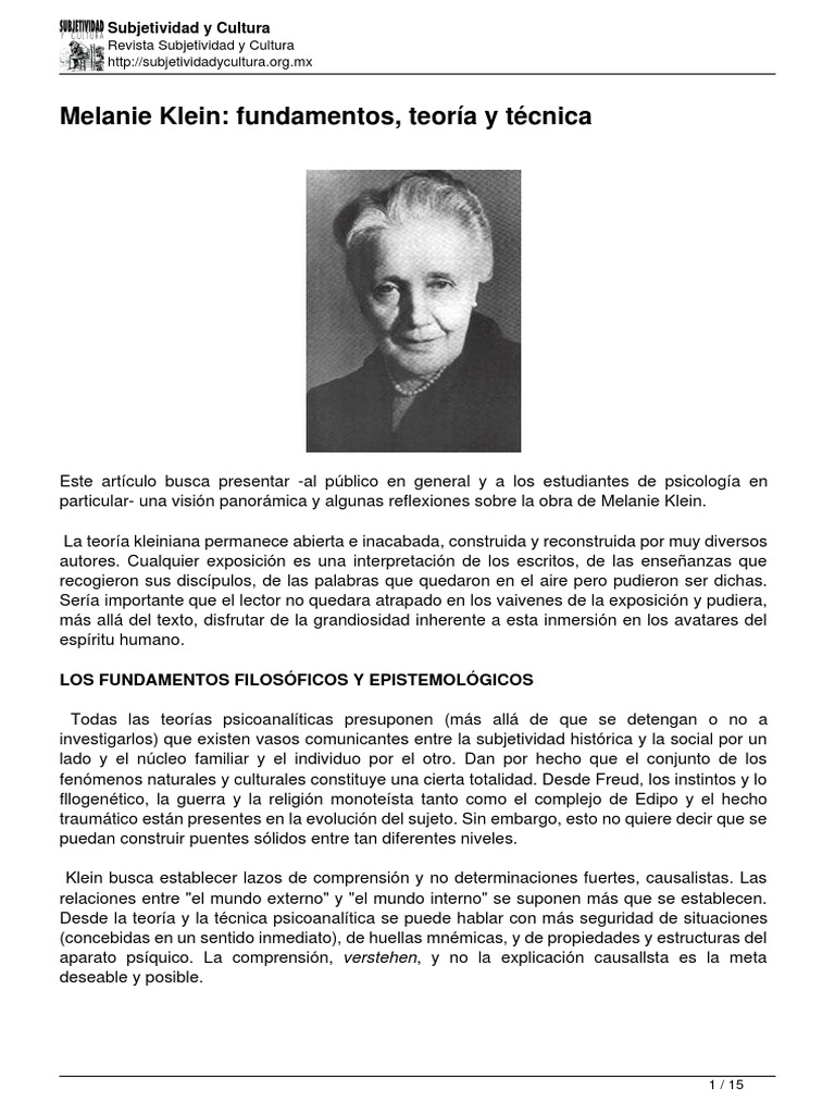 Melanie Klein Fundamentos Teoria y Tecnica Psicoanálisis Subjetividad