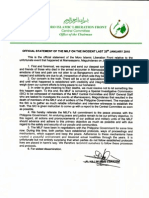 Official Statement of the MILF signed by Chairman Murad regarding the unfortunate firefight in Mamasapanu in Maguindanao.