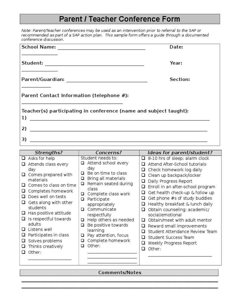 Parent Teacher Conference Form Homework Teachers