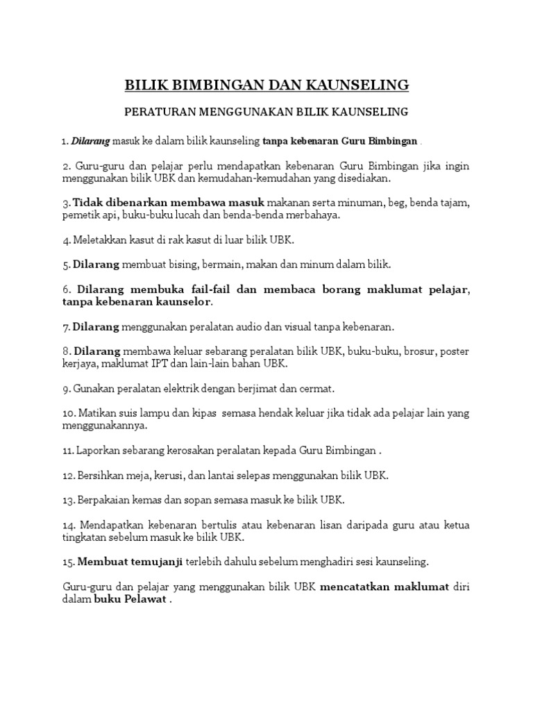 Peraturan Bilik Bimbingan Dan Kaunseling Skkc Pdf