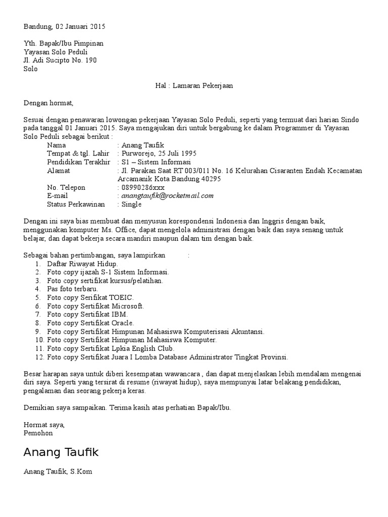 Contoh Surat Lamaran Kerja Pdf