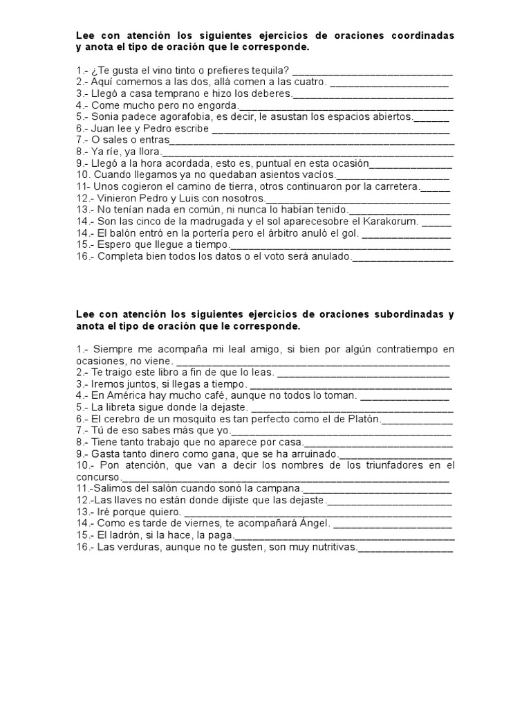 Ejercicios de Oraciones Coordinadas | PDF