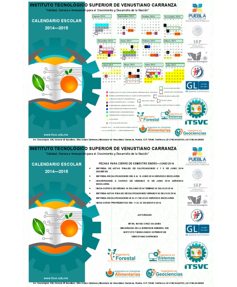 Calendario Escolar ITSV Carranza 2014-2015 | PDF